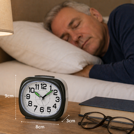 Large Print Quiet Alarm Clock on a bedside table next to a man sleeping, with measurements indicated.