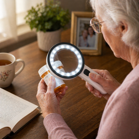 Senior woman using a magnifying glass to read medication labels at a table with a cup of tea and book.
