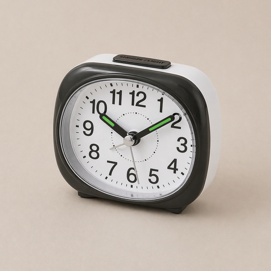 Black and white Large Print Quiet Alarm Clock on a beige background