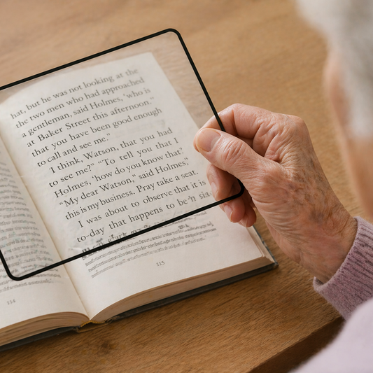 Person using a page magnifyer to read an open book on a wooden surface