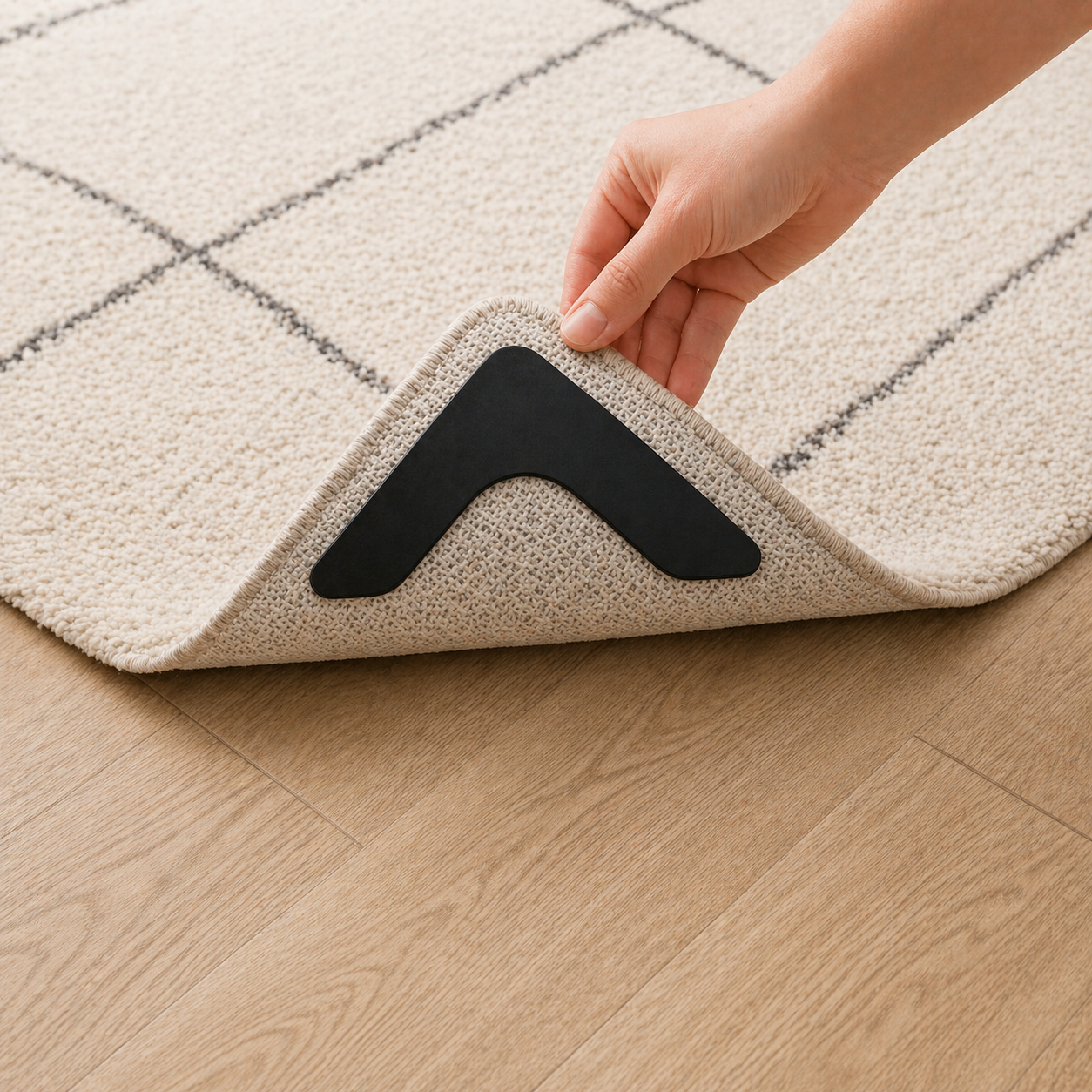 Hand placing a black rubber mat on a wooden floor with SecureGrip Carpet Corner Protectors