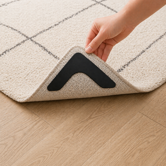 Hand placing a black rubber mat on a wooden floor with SecureGrip Carpet Corner Protectors